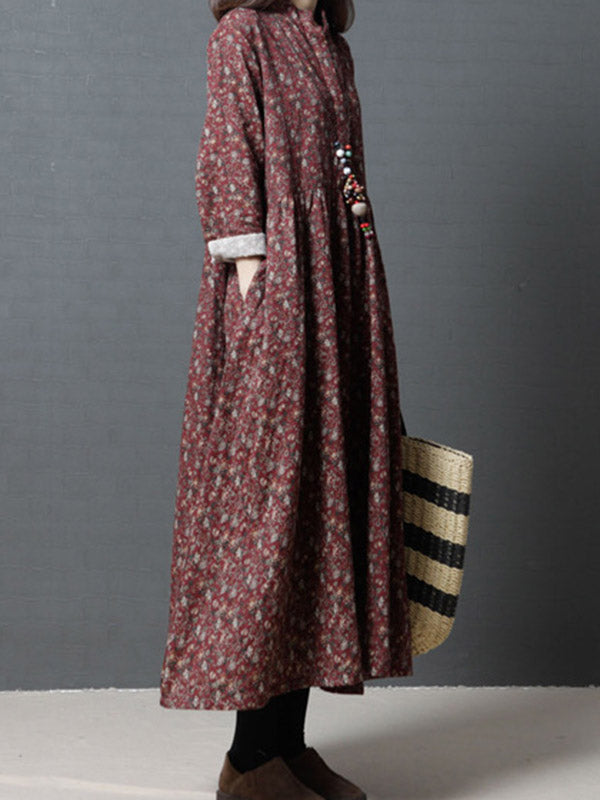 Vintage Floral Stand Collar Midi Dress