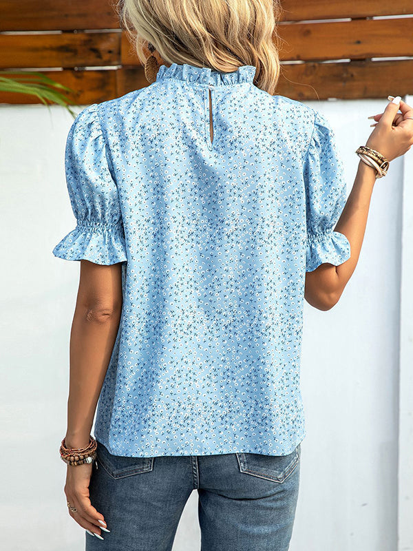 Elastics Floral Printed Split-Joint Bishop Sleeve Stand Collar Blouses&Shirts Tops