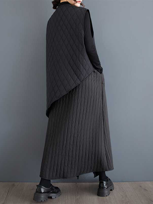 Asymmetric Elasticity Pockets Quilted Solid Color High Waisted Loose Skirts Bottoms