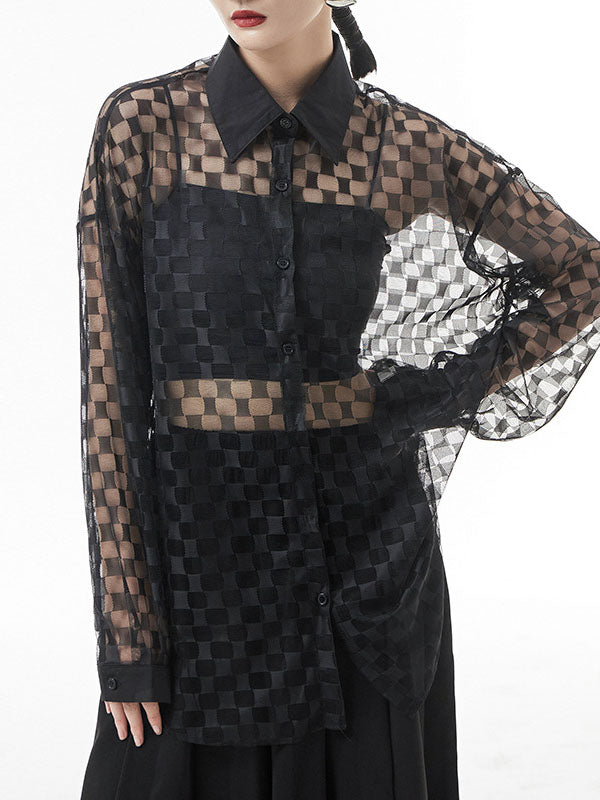See-Through Long Sleeves Loose Lapel Blouses&Shirts Tops
