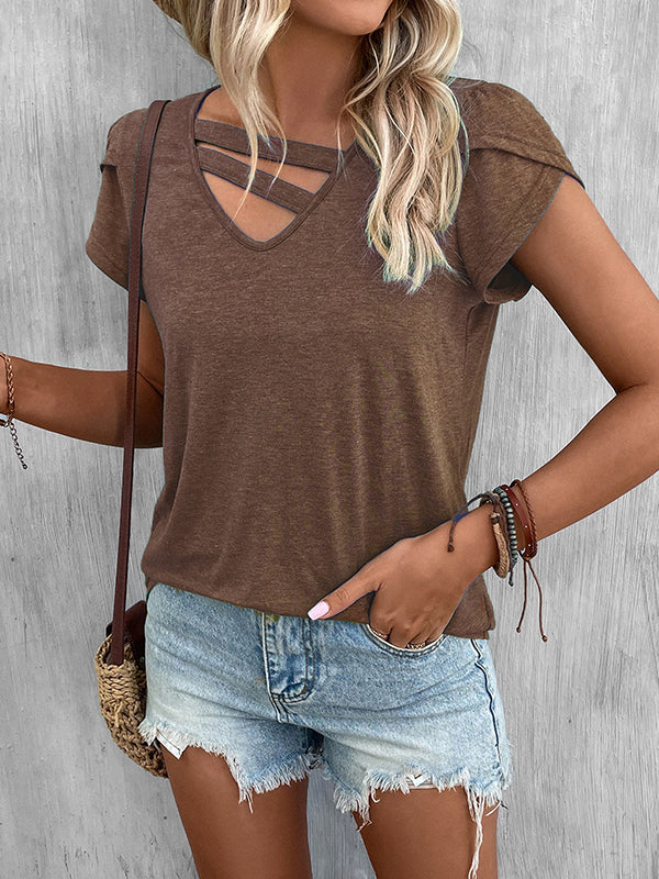 Solid Color Loose Short Sleeves V-neck T-Shirts Tops