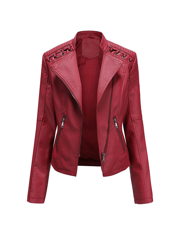 Split-Joint Zipper Long Sleeves Mock Neck Outerwear PU Jackets