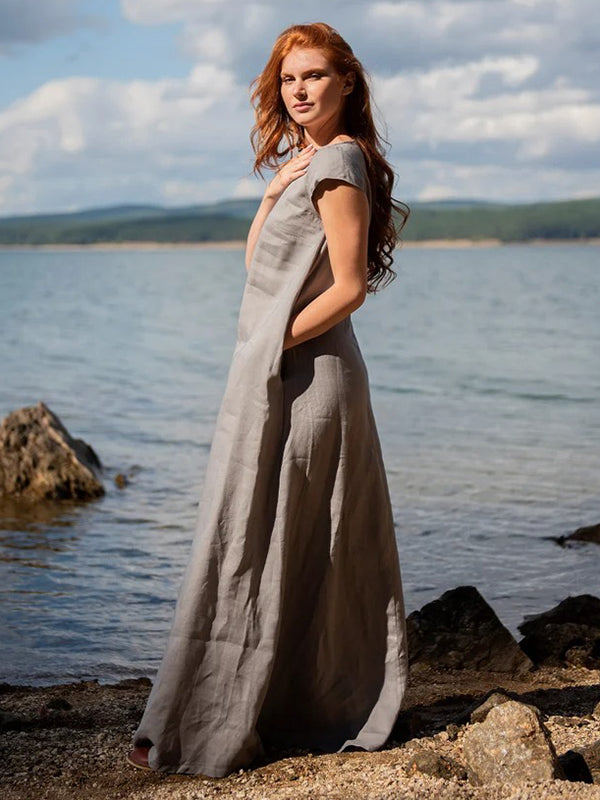 Simple Gray Ramie Cotton Cap Sleeve Maxi Dress