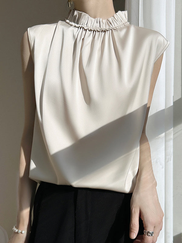 Pleated Ruffle Trim Solid Color Loose Sleeveless Stand Collar Vest Top