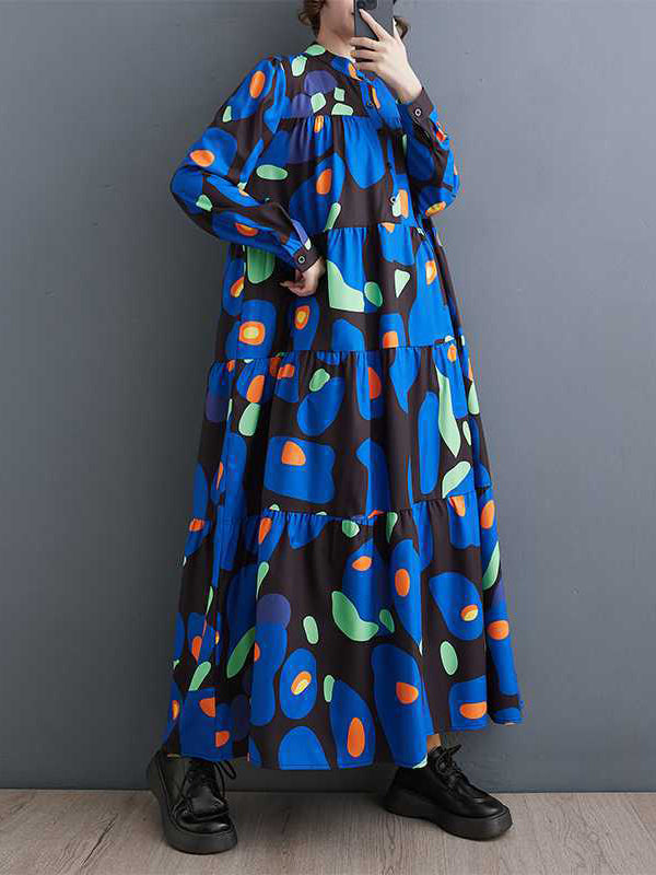 Buttoned Pleated Printed Split-Joint A-Line Long Sleeves Round-Neck Midi Dresses