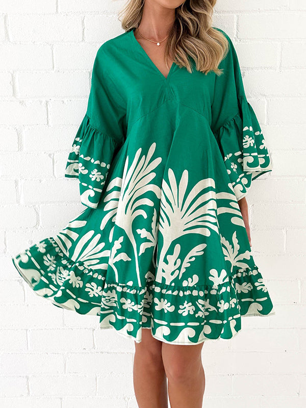 Flower Print Pleated Split-Joint A-Line Flared Sleeves V-Neck Mini Dresses