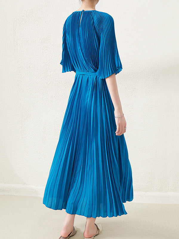 Loose Pleated With Waistband Solid Color Round-Neck Maxi Dresses