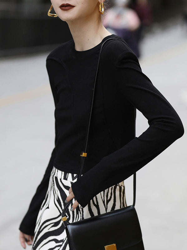 Shoulder Pad Solid Color Long Sleeves Skinny Round-Neck T-Shirts Tops