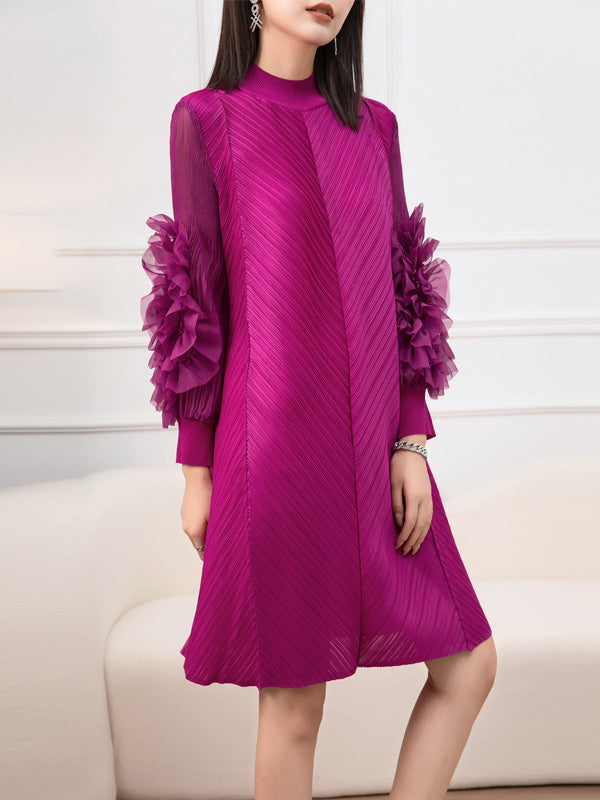 Embroidered Pleated Solid Color Long Sleeves Loose Round-neck Midi Dresses