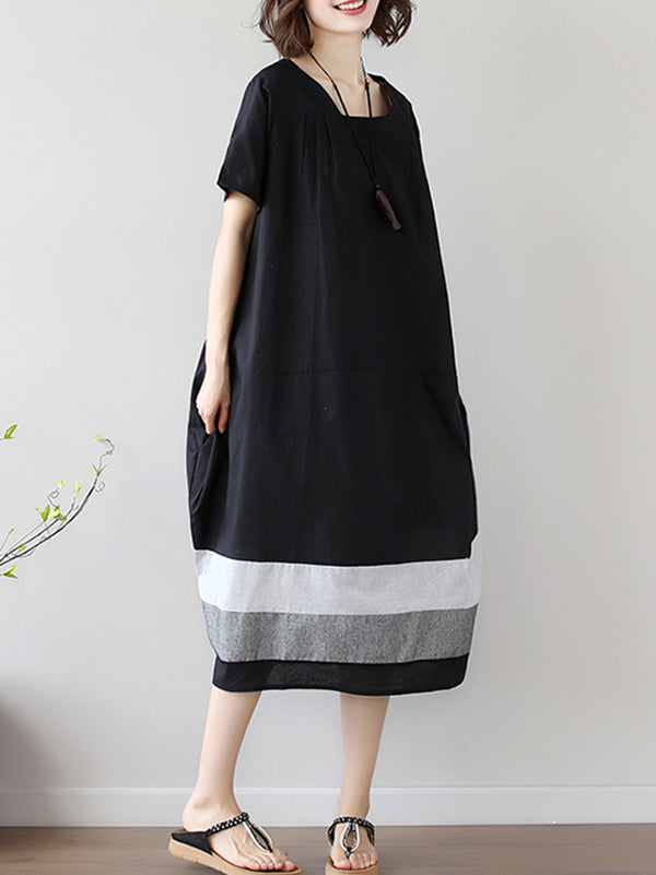 Loose Splicing Square-Collar Midi Dress