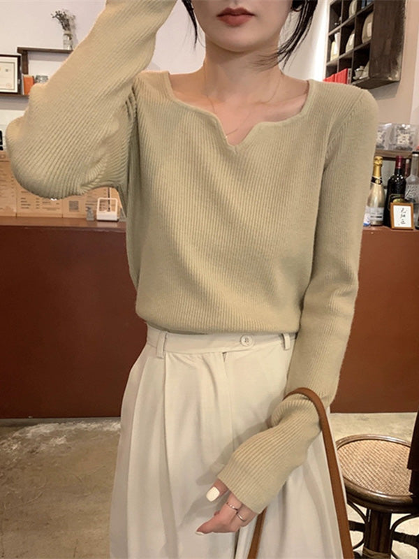 Colorful Solid Color Long Sleeves Skinny V-neck Sweater Tops Pullovers Knitwear