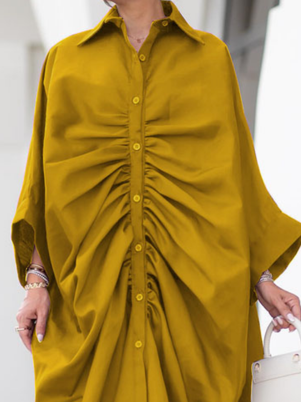 Buttoned Pleated Solid Color Long Sleeves Loose Lapel Shirt Dress Maxi Dresses