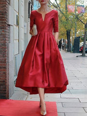 Solid Color Half Sleeves V-Neck Midi Dresses