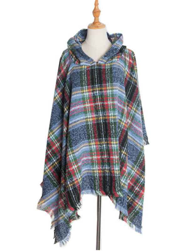 Fringed Hooded Keep Warm Plaid Shawl&Cloak Cape