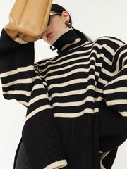 Contrast Color Pleated Split-Joint Split-Side Striped Patterns Long Sleeves Loose High Neck Sweater Tops