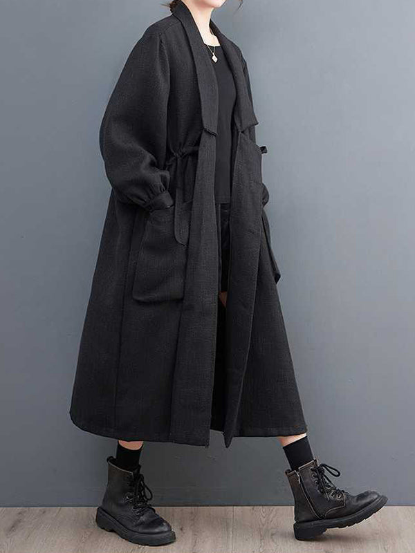 Drawstring Pockets Long Sleeves Loose Lapel Trench Coats