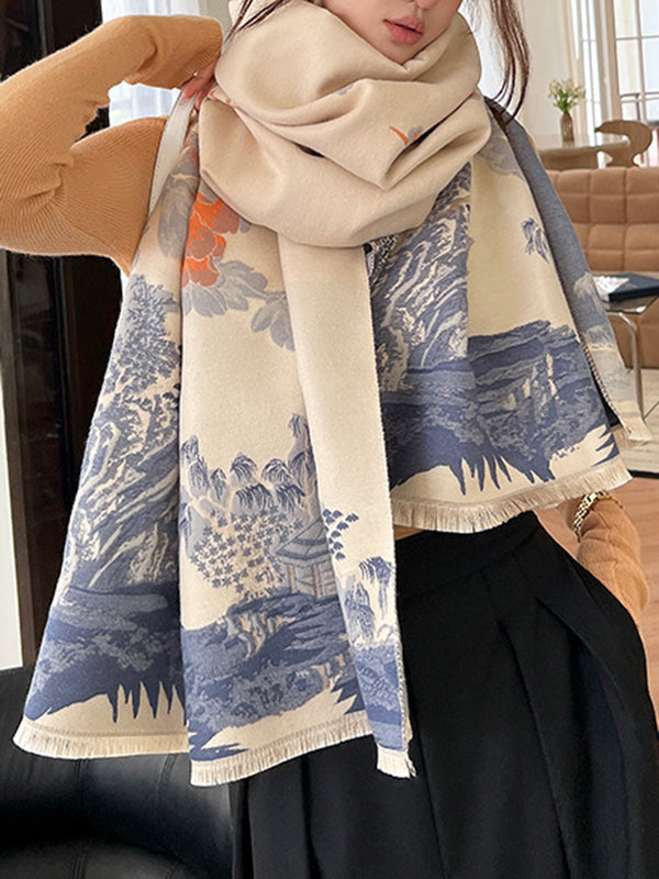 Floral Printed Tasseled Shawl&Scarf