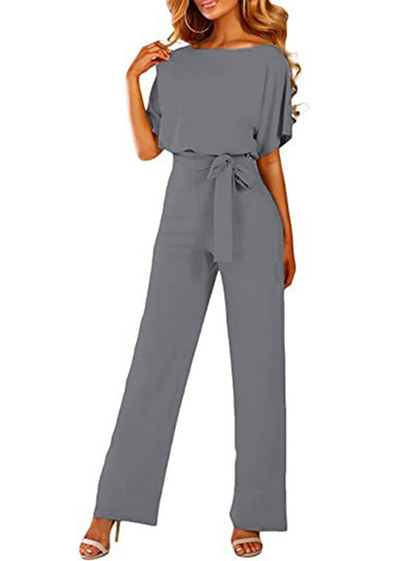 Ribbed Solid Color Loose Short Sleeves Round-neck Jumpsuits