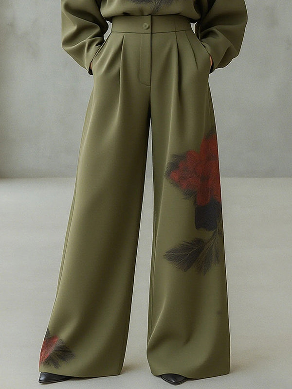 Loose Wide Leg Floral Printed Pleated Split-Joint Pants Trousers