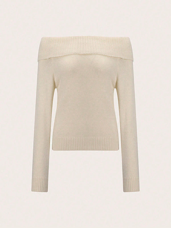 Solid Color Long Sleeves Off-The-Shoulder Sweater Tops Pullovers