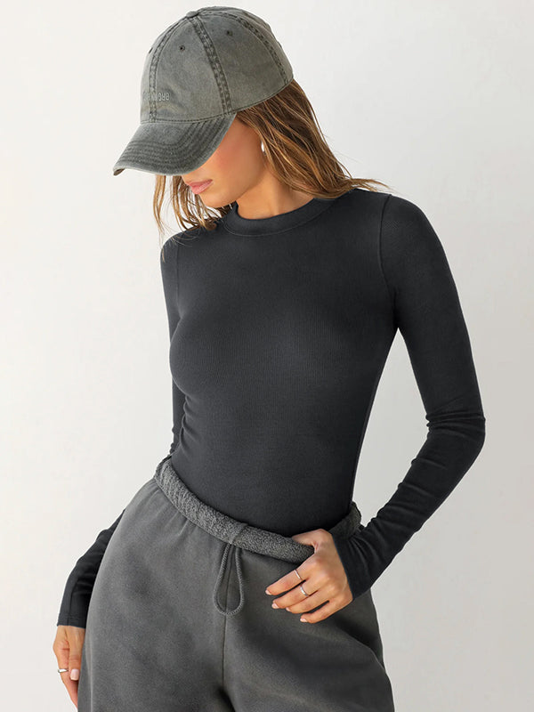 Solid Color Split-Joint Long Sleeves Skinny Round-Neck T-Shirts