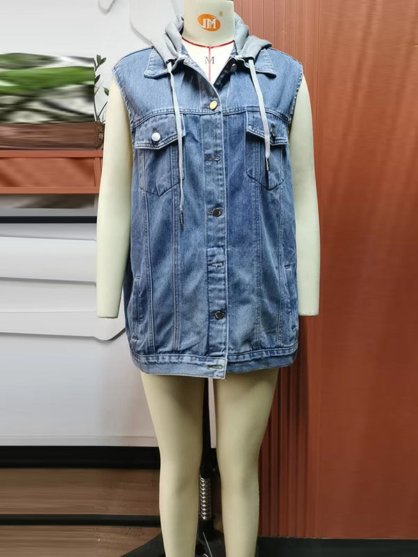 Buttoned Detachable Drawstring Hooded Pockets Split-Joint Loose Sleeveless Polo Vest Outerwear