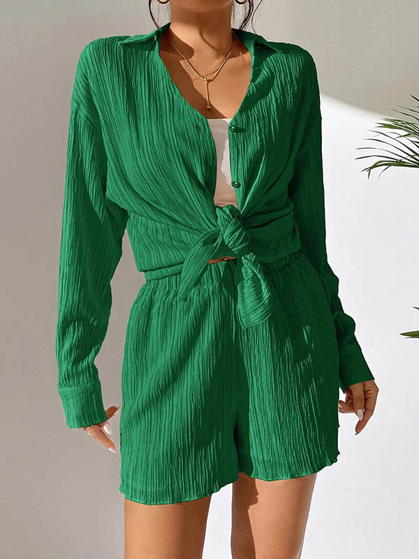 Loose Buttoned Long Sleeves Pleated Solid Color Lapel Shirts Top + Elasticity Shorts Bottom Two Pieces Set