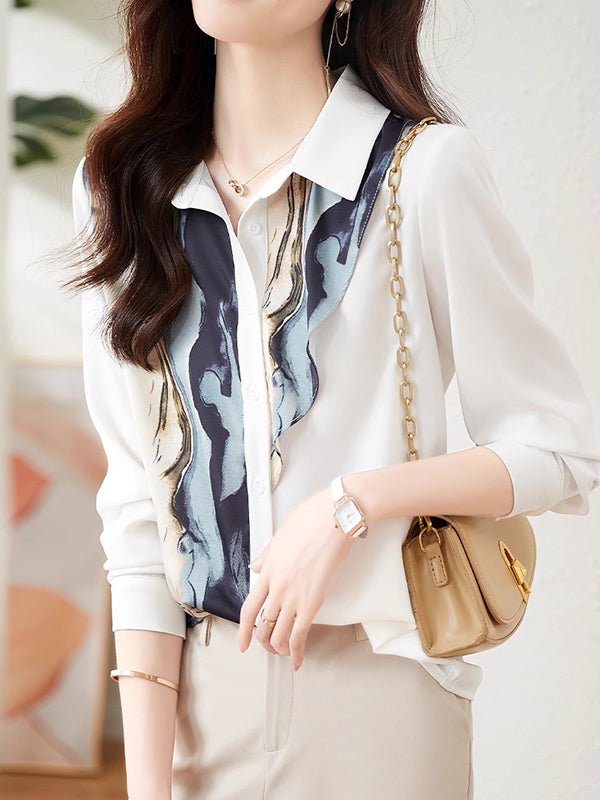 Buttoned Printed Long Sleeves Loose Lapel Blouses&Shirts Tops