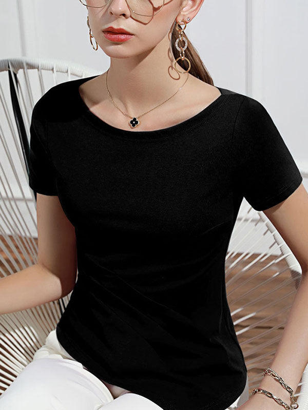 Pleated Solid Color Irregular clipping Short Sleeves Round-neck T-Shirts Tops