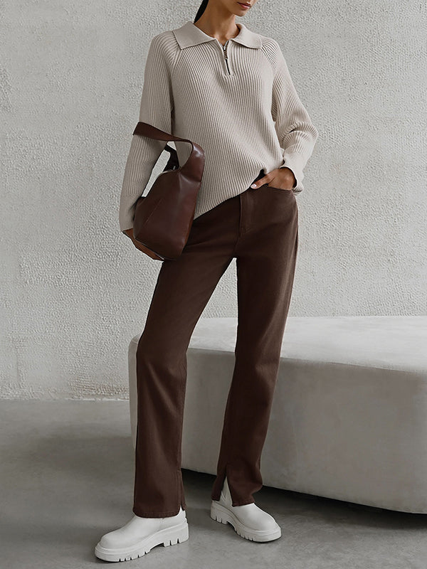 Solid Color Zipper Long Sleeves Loose Lapel Sweater Tops Pullovers