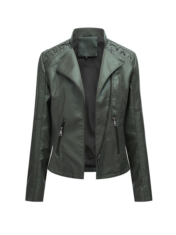 Split-Joint Zipper Long Sleeves Mock Neck Outerwear PU Jackets
