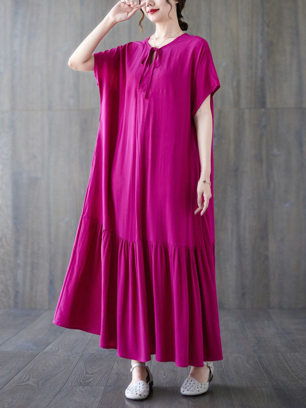 Lace-Up Pleated Solid Color Split-Joint Loose Short Sleeves Round-Neck Midi Dresses