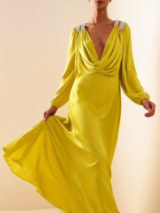 Contrast Color Pleated Rhinestone Split-Joint Bodycon Long Sleeves Heaps Collar Maxi Dresses