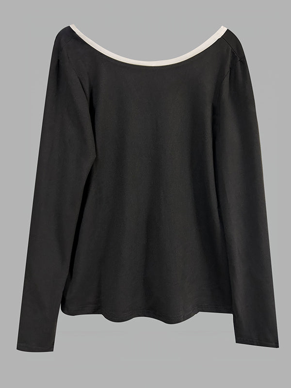 Bowknot Hollow Split-Back Split-Joint Long Sleeves Loose Round-Neck T-Shirts