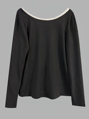 Bowknot Hollow Split-Back Split-Joint Long Sleeves Loose Round-Neck T-Shirts