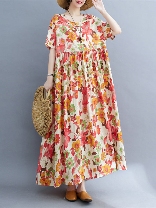 Pleated Printed Split-Joint Loose Short Sleeves Round-Neck Midi Dresses