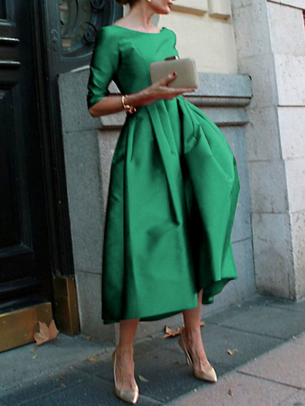 Pleated Pockets Solid Color Split-Joint A-Line Loose Round-Neck Midi Dresses