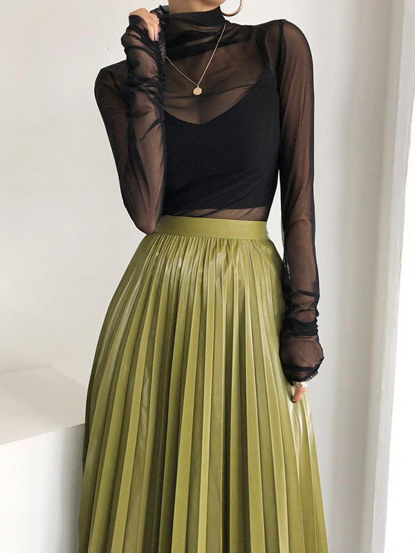 Gauze See-Through Solid Color Long Sleeves Skinny High Neck T-Shirts