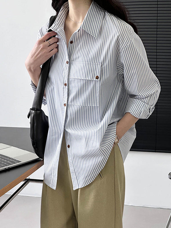 Buttoned Pockets Striped Long Sleeves Loose Lapel Blouses&Shirts Tops