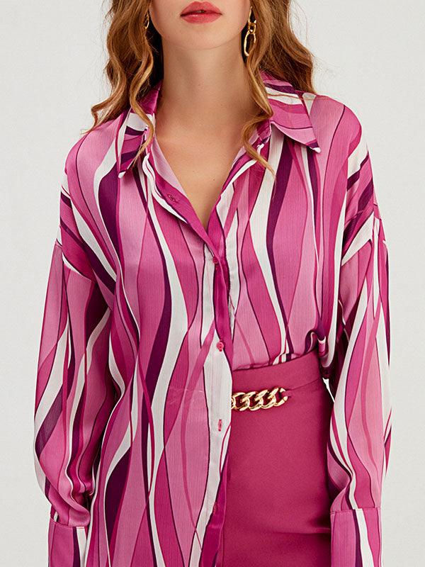 Contrast Color Striped Long Sleeves Loose Lapel Blouses
