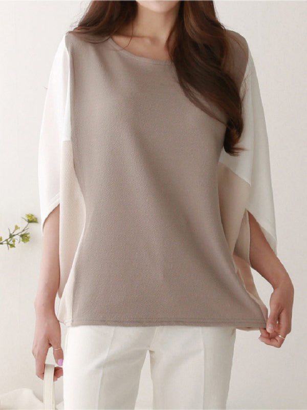 Contrast Color Split-Joint Batwing Sleeves Loose Round-Neck T-Shirts Tops