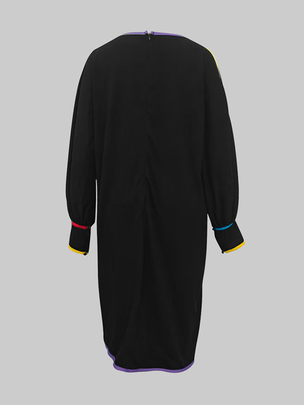 Long Sleeves Puff Sleeves Contrast Color Pockets Round-Neck Midi Dresses