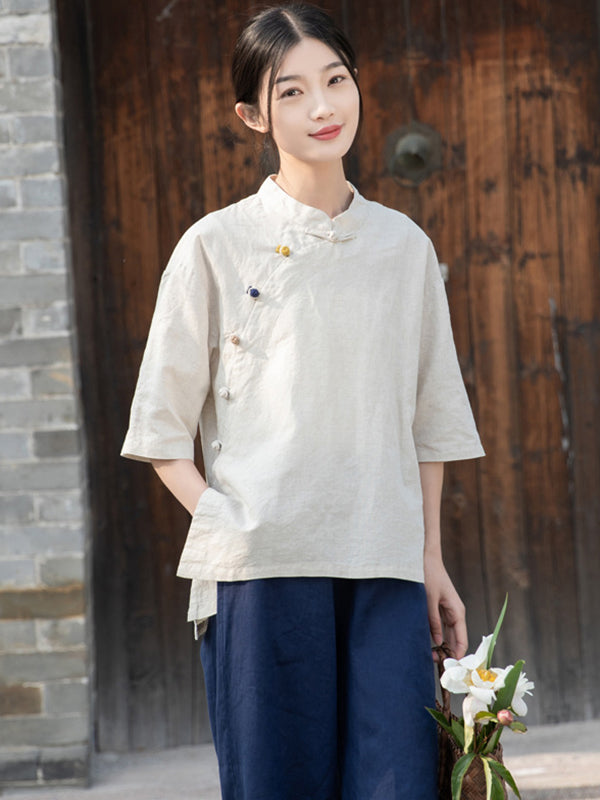 Artistic Retro Loose Half Sleeves Buttoned Contrast Color Stand Collar Blouses&Shirts Tops