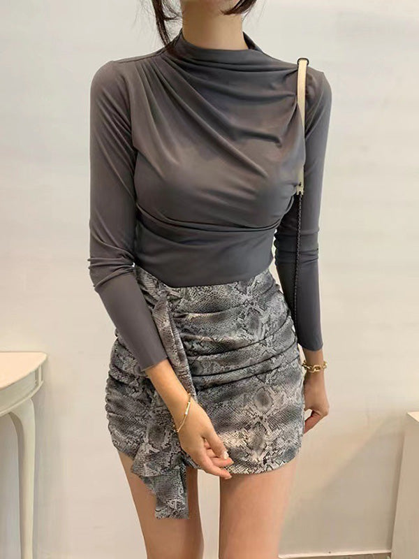 Pleated Solid Color Long Sleeves Skinny Mock Neck T-Shirts Tops