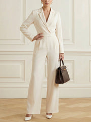 Pockets Solid Color High Waisted Long Sleeves Notched Collar Jumpsuits