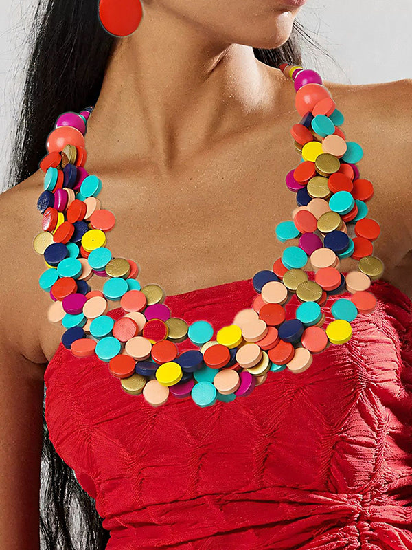 Geometric Multi-Layer Wood Bead Necklace & Earring Set