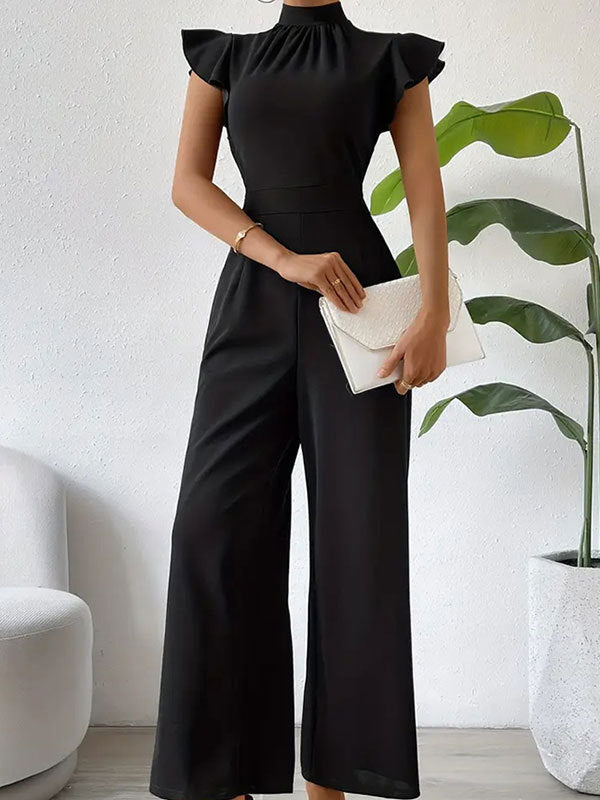 Pleated Ruffled Solid Color High Waisted Loose Mock Neck Jumpsuits