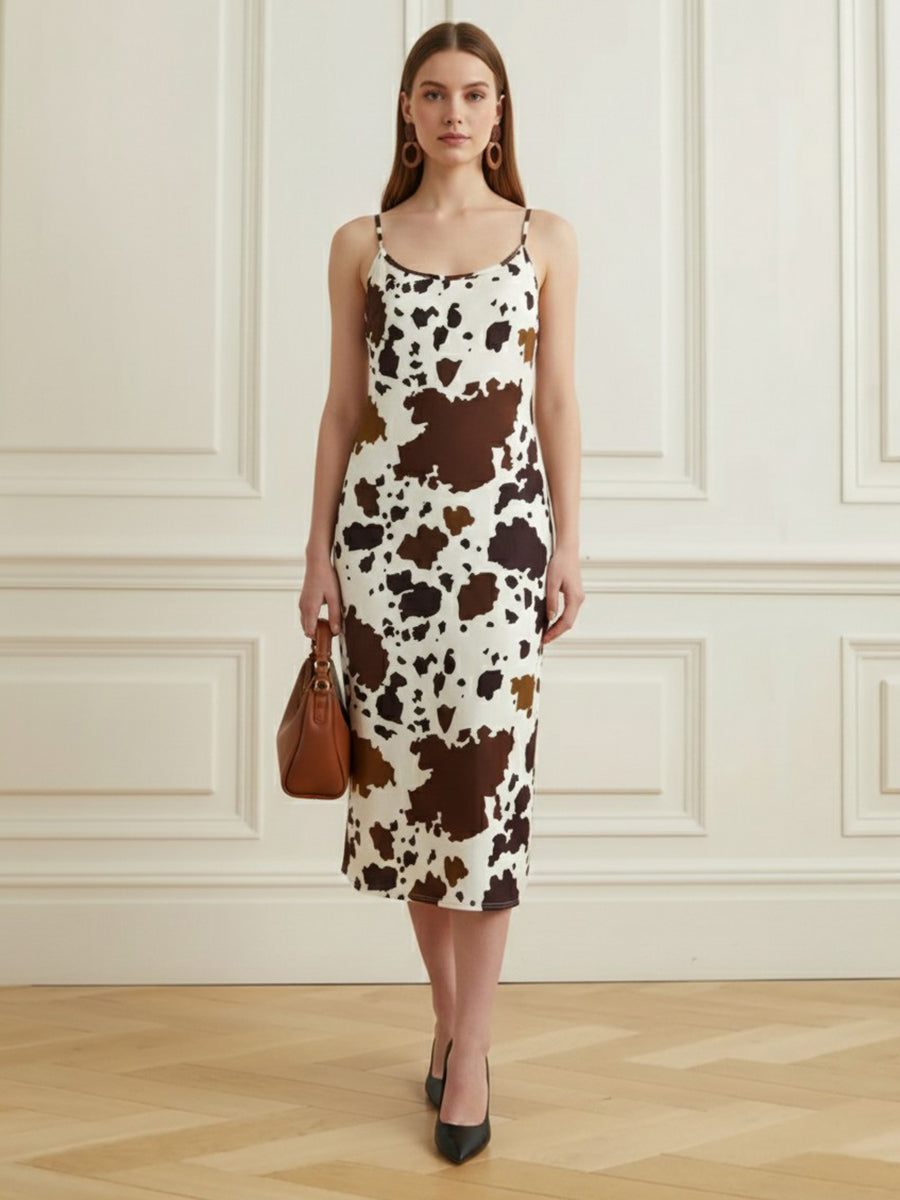 Contrast Color Cow Printed Split-Joint Bodycon Spaghetti-Neck Midi Dresses