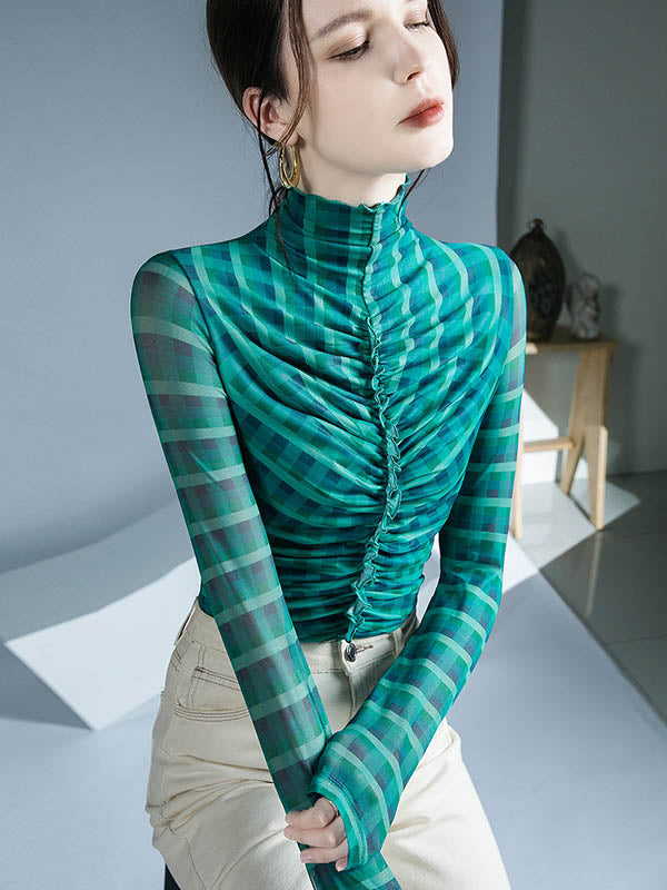 Contrast Color Plaid Pleated Split-Joint Long Sleeves Skinny High-Neck Blouses&Shirts Tops