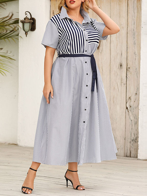 Buttoned Split-Joint Striped Tied Waist Loose Plus Size Lapel Shirt Dress Maxi Dresses
